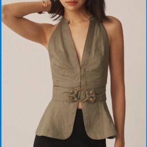 ANTHROPOLOGIE Belted Halter Top Open Back Moss Green Size XL NEW